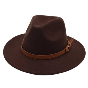 Detail of dark brown wool felt fedora hat featuring a vintage leather belt buckle strap