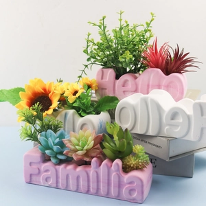 Detailed close-up of Hello and Familia lettered succulent pots in soft pastel resin