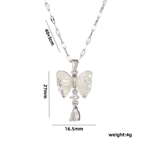 Elegant bow pendant necklace in silver titanium steel with crystal drop and dimensions