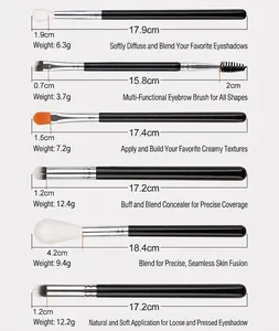 Detail of multi-functional makeup brushes with black handles and dense fiber bristles