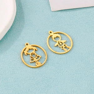 Golden stainless steel hollow round charms featuring boy and girl cartoon silhouettes