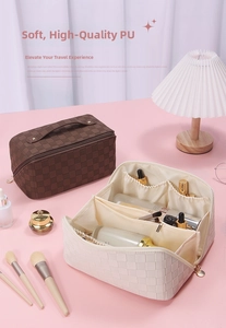 Internal view of checkered PU leather makeup bag showing multiple compartments and storage