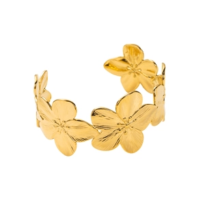 Detail of golden stainless steel bangle with five textured flower petals in matte finish