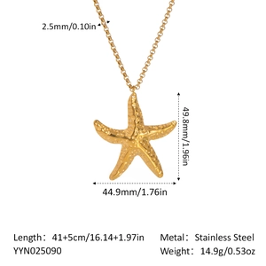 Detailed specs of gold starfish pendant necklace in stainless steel with measurements