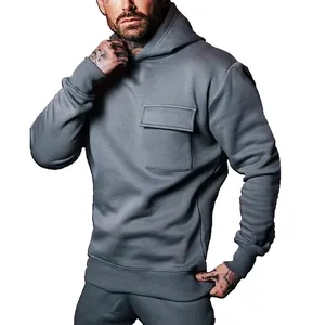 Men Pullover Hoodie Polyester Knit Solid Color Casual Long Sleeve With Large Patch Pocket Fashion Streetwear Slim Fit
