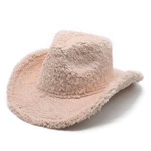 Stylish light pink plush western cowboy hat made of warm faux wool for winter