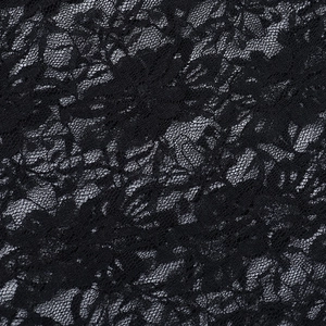 Close-up of intricate black lace fabric with floral patterns and sheer mesh texture