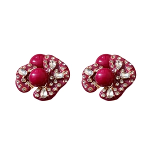 Vintage irregular deep red floral stud earrings with sparkling crystals for women
