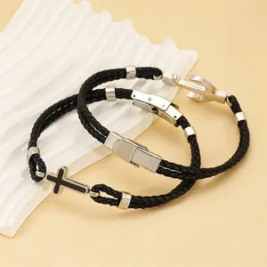 Bracelet En Cuir Tressé Rétro Avec Pendentif Ancre Et Croix En Acier Inoxydable Poignet Hip Hop Punk Hommes Unisexe
