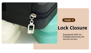 Detail of portable jewelry box featuring a secure zipper lock mechanism with keys