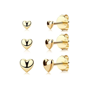 Detailed view of three pairs of 925 sterling silver heart-shaped gold stud earrings