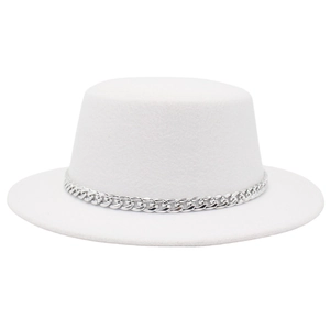Elegant white boater hat with a decorative silver metal chain trim on white background