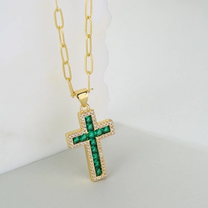 18K gold plated paperclip chain necklace with green zircon cross pendant and small diamonds