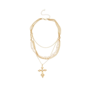 Multi-layer gold necklace with pearl strands and crystal-encrusted cross pendant