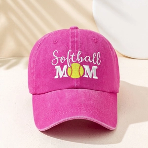 Pink washed cotton baseball cap with Softball MOM embroidery and softball graphic