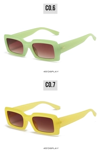 Detail view of rectangular jelly sunglasses with metal rivets in lime green and yellow