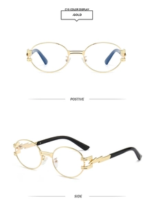 Detail of gold oval steampunk sunglasses showing unique lightning bolt temple design