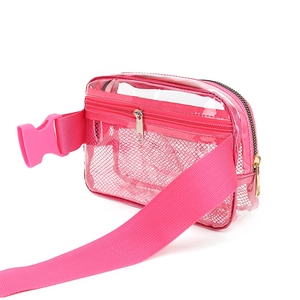 Detailed side view of the transparent pink PVC waist bag featuring mesh lining and strap