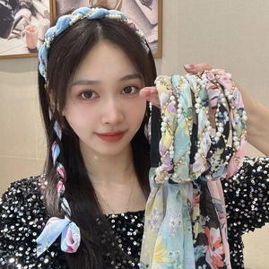 Floral Chiffon Headband With Long Ribbon Streamers Faux Artificial Pearls Rhinestone Hair Band For Women Girls Sweet Elegant Headwear