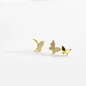 Sparkling S925 silver butterfly stud earrings with gold plating and cubic zirconia