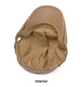 Detailed internal view of khaki mesh newsboy cap showing lining and adjustable buckle