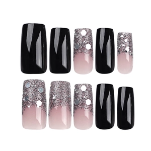Unghie finte nero lucido con sfumatura glitter argento e paillettes set da 10 pezzi