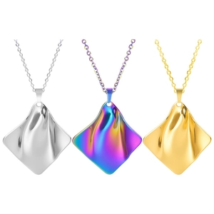 Detailed comparison of geometric square wave pendants in silver, colorful, and gold finishes