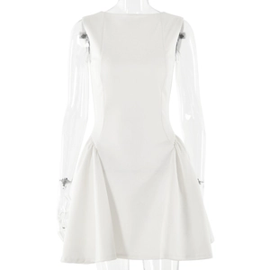 Slim fit sleeveless white mini dress with backless design and ruched details for women