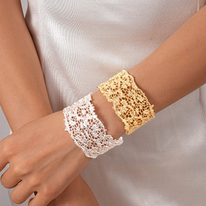 Polished chunky hollow lace pattern open cuff bracelet in gold and silver finish