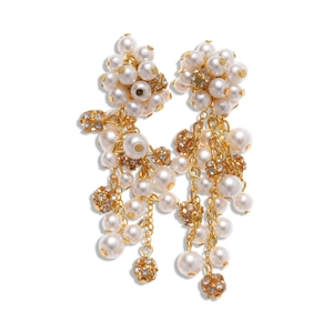 Elegant gold drop earrings with tiered faux pearls and rhinestones on a clean white backdrop