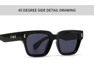 Detaillierte 45-Grad-Seitenansicht der schwarzen quadratischen Sonnenbrille mit Metallakzent