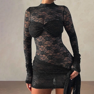 Elegant black lace bodycon dress with long sleeves and high neck in slim fit style
