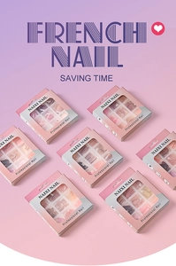Matrix display of French press-on nail sets in various Morandi colors and gift boxes