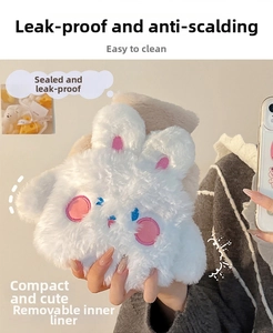 Detail of white plush bunny hot water bottle showing leakproof cap and soft embroidery