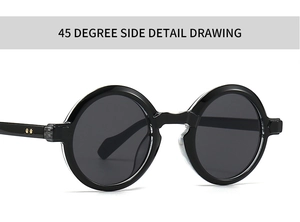 Detailed 45-degree side view of retro black round sunglasses showing metal hinges