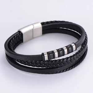 Multi-layer black braided leather bracelet with silver magnetic stainless steel clasp