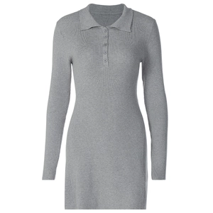 Close-up of the knitted texture and buttoned polo collar on a gray slim long sleeve dress