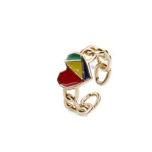 Adjustable gold ring with colorful enamel heart design and chain link pattern