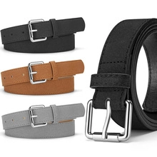 Detailed close-up of textured PU leather belts in black, brown and grey with gold bamboo buckles