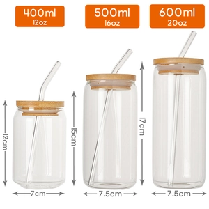 Detailed size comparison of 12oz, 16oz, and 20oz glass cans with bamboo lids and straws