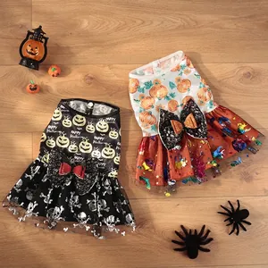 Halloween Pet Dog Pumpkin Skeleton Print Dress Vest Polyester Lace Bow Tulle Holiday Costume For Small Medium Dogs