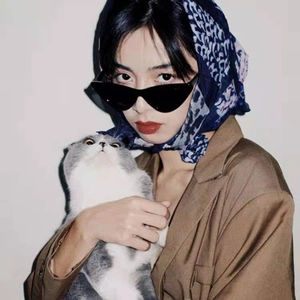 Fashionable black cat-eye triangle sunglasses styled with silk scarf and blazer