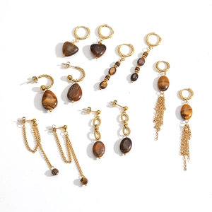 Golden stainless steel earring set featuring tiger eye stone pendants in heart and teardrop shapes