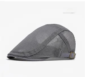 Close-up of grey breathable mesh ivy cap with adjustable copper buckle for summer wear