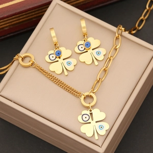 Evil Eye Four Leaf Clover Necklace Bracelet Earrings Gold Plated Stainless Steel Drip Oil Jewelry For Women
