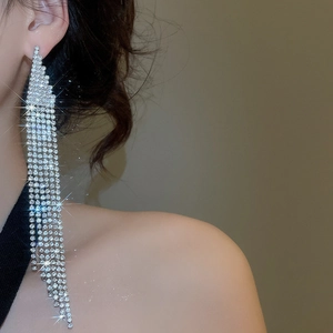 Detail of silver long tassel earrings with sparkling rhinestones in a tiered fringe design