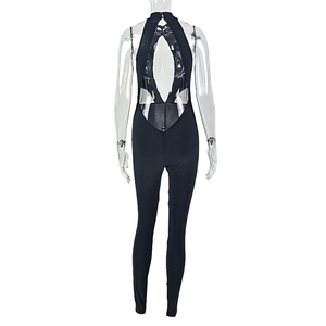 Rear view of sleek backless halter jumpsuit in black with a slimming tight-fit silhouette