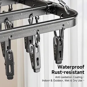 Waterproof black metal drying rack with high-strength clips and rust-proof coating