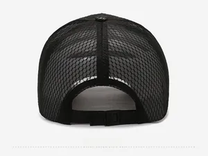 Close-up of black breathable honeycomb mesh and adjustable buckle on back of the cap