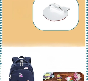Detail of cute acrylic badge showing safe plastic pin backing and backpack decoration